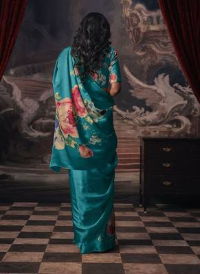 Aqua blue original japan satin saree with digital print blouse 2