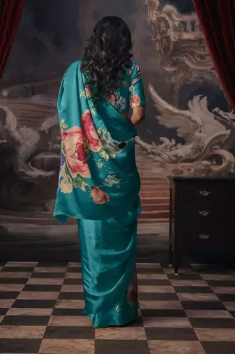 Aqua blue original japan satin saree with digital print blouse