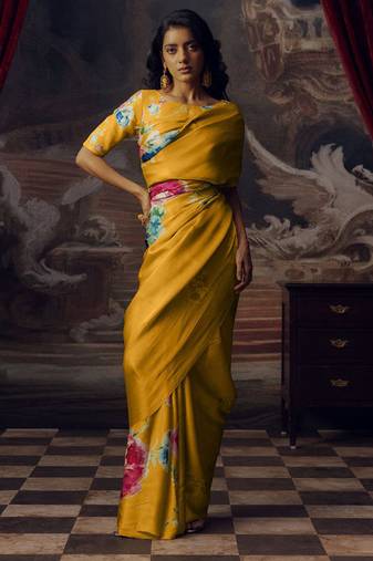 Yellow original japan devsena satin saree japan satin digital print blouse
