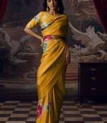 Yellow original japan devsena satin saree japan satin digital print blouse