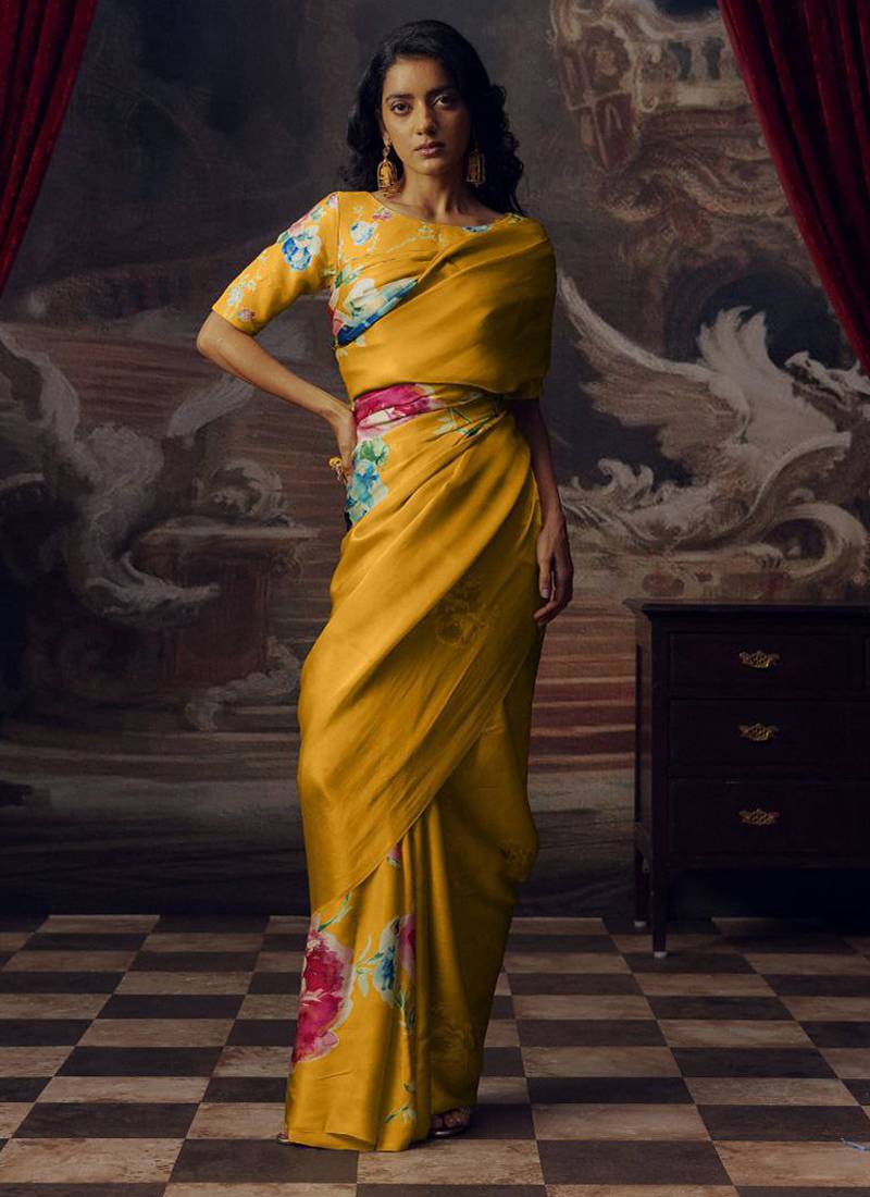 Yellow original japan devsena satin saree japan satin digital print blouse