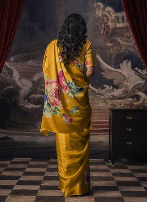 Yellow original japan satin saree with digital print blouse 2