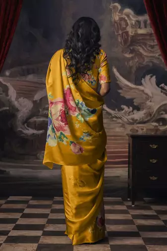 Yellow original japan satin saree with digital print blouse