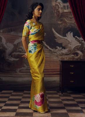 Yellow original japan satin saree with digital print blouse 3