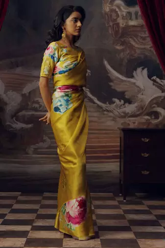 Yellow original japan satin saree with digital print blouse