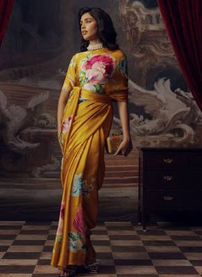 Yellow original japan satin saree with digital print blouse 4