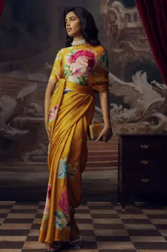 Yellow original japan satin saree with digital print blouse