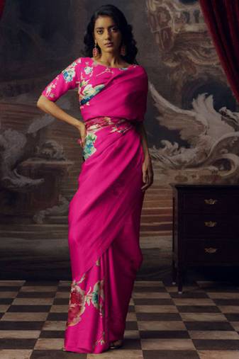 Magenta original japan devsena satin saree japan satin digital print blouse