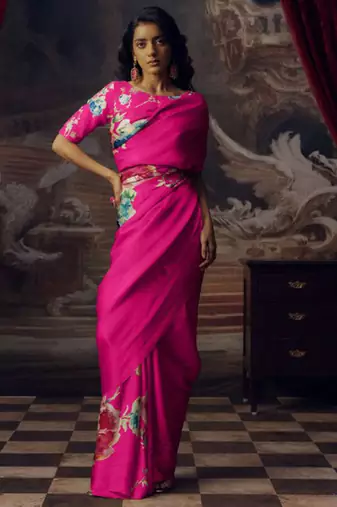 Magenta original japan devsena satin saree japan satin digital print blouse