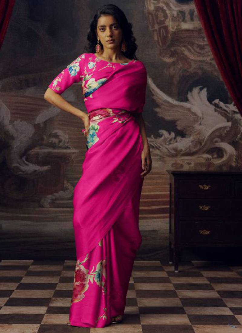 Magenta original japan devsena satin saree japan satin digital print blouse