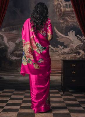 Magenta original japan satin saree with digital print blouse 2