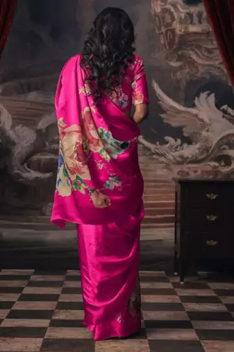 Magenta original japan satin saree with digital print blouse