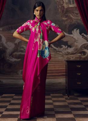 Magenta original japan satin saree with digital print blouse 3