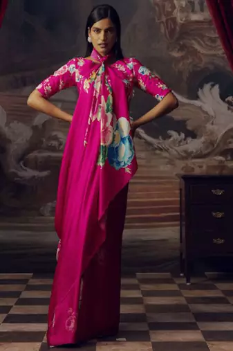 Magenta original japan satin saree with digital print blouse