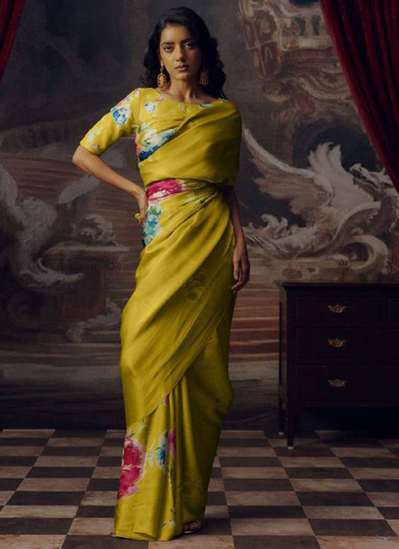 Olive original japan devsena satin saree japan satin digital print blouse