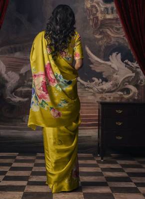 Olive original japan satin saree with digital print blouse 2