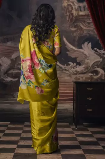 Olive original japan satin saree with digital print blouse