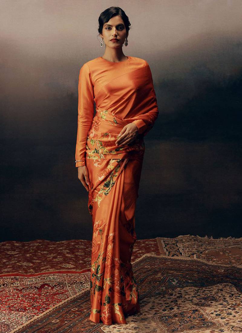 Orange original japan devsena satin saree japan satin digital print blouse
