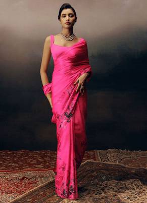 Magenta original japan satin saree with digital print blouse 1