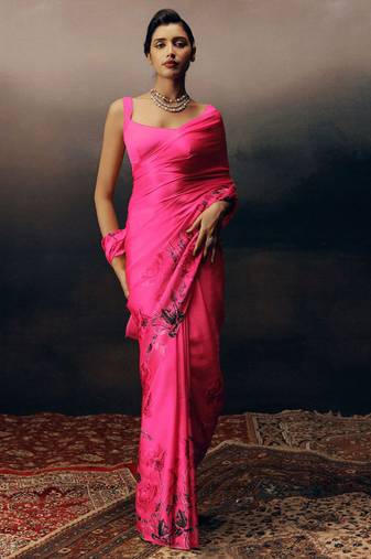 Magenta original japan devsena satin saree japan satin digital print blouse