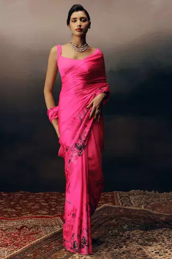 Magenta original japan devsena satin saree japan satin digital print blouse