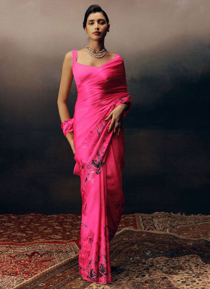 Magenta original japan devsena satin saree japan satin digital print blouse