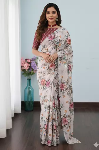 white silk blend digital printed saree with swarovski diamond work & blouse piece
