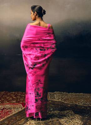 Magenta original japan satin saree with digital print blouse 2