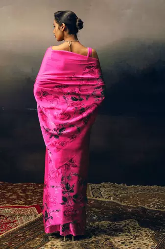Magenta original japan satin saree with digital print blouse