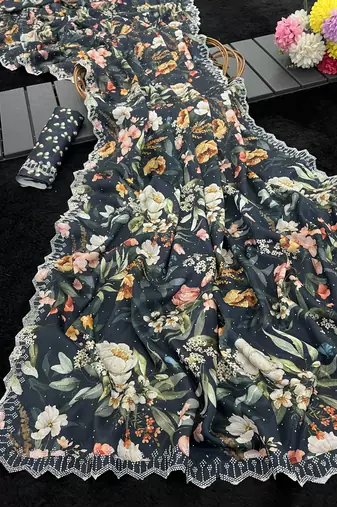 black silk blend digital printed saree with swarovski diamond work & blouse piece