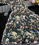 black silk blend digital printed saree with swarovski diamond work & blouse piece