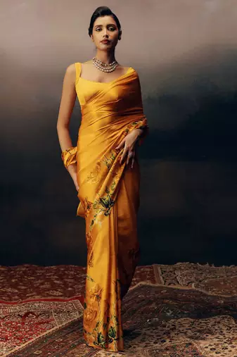 Orange original japan devsena satin saree japan satin digital print blouse