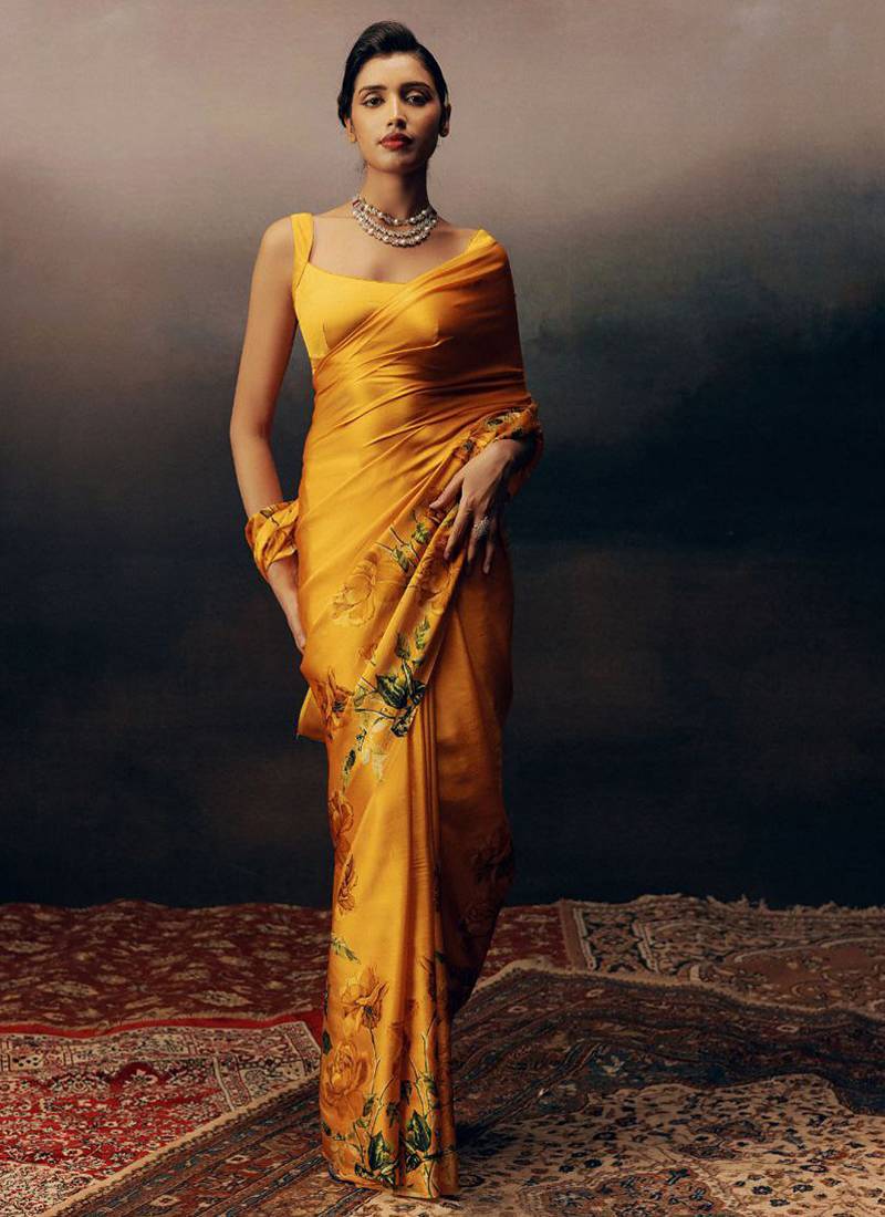 Orange original japan devsena satin saree japan satin digital print blouse