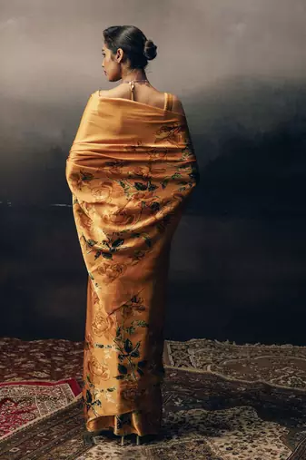 Orange original japan satin saree with digital print blouse