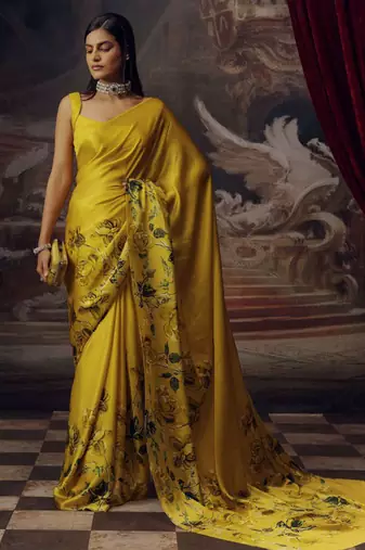 Yellow original japan satin saree with digital print blouse