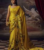 Yellow original japan satin saree with digital print blouse