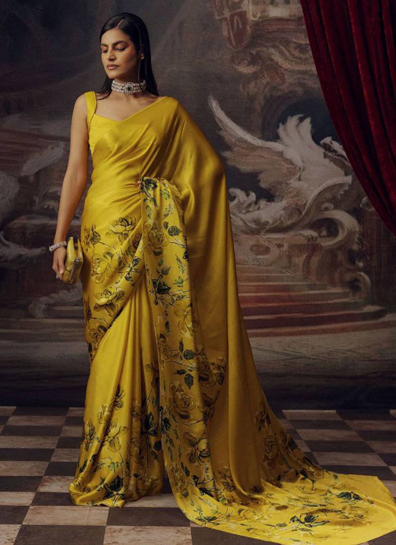 Yellow original japan satin saree with digital print blouse