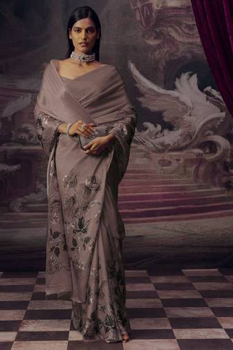 Grey original japan satin saree with digital print blouse