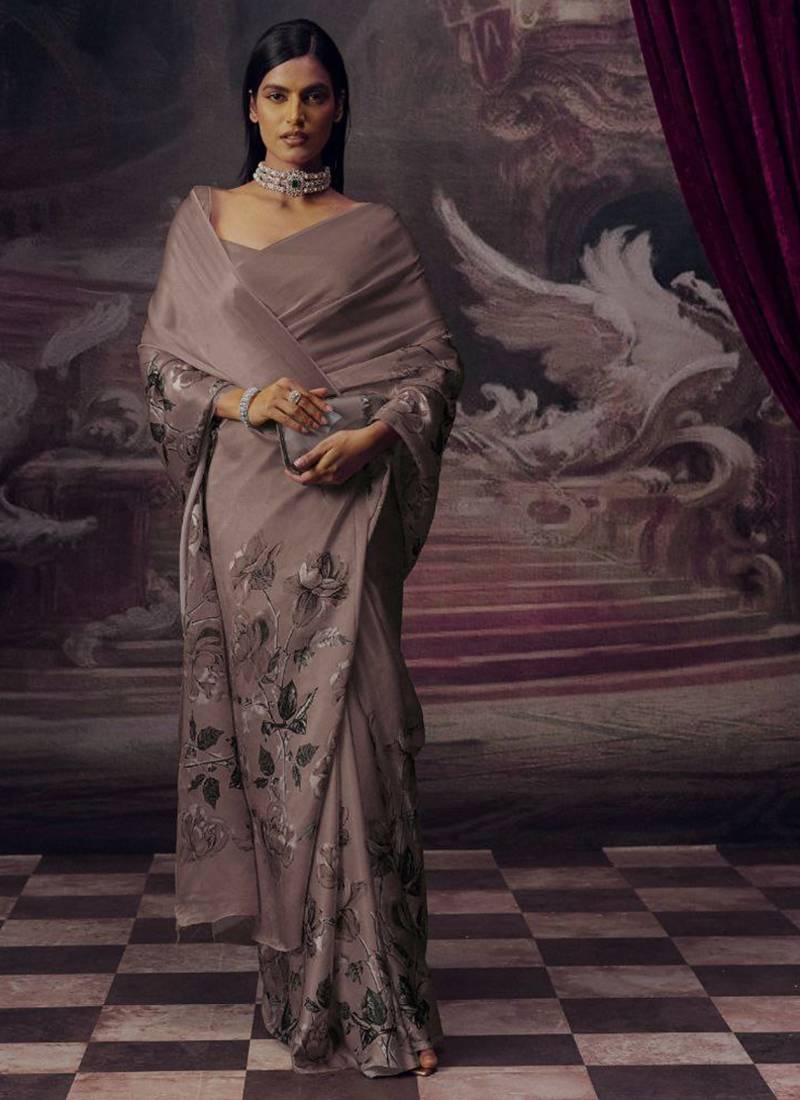 Grey original japan devsena satin saree japan satin digital print blouse