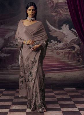 Grey original japan satin saree with digital print blouse 2