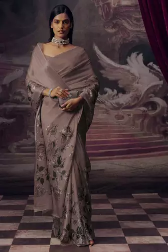 Grey original japan satin saree with digital print blouse