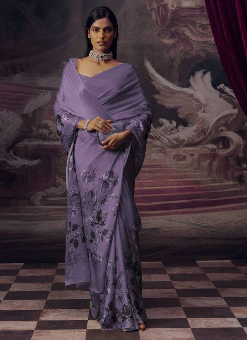 Light lavender original japan devsena satin saree japan satin digital print blouse