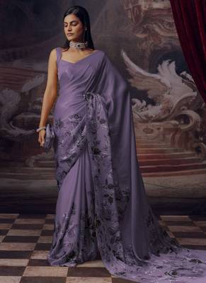 Light lavender original japan satin saree with digital print blouse 2