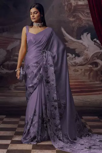Light lavender original japan satin saree with digital print blouse