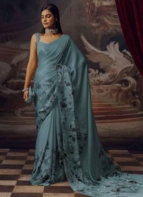 Aqua blue original japan satin saree with digital print blouse 1