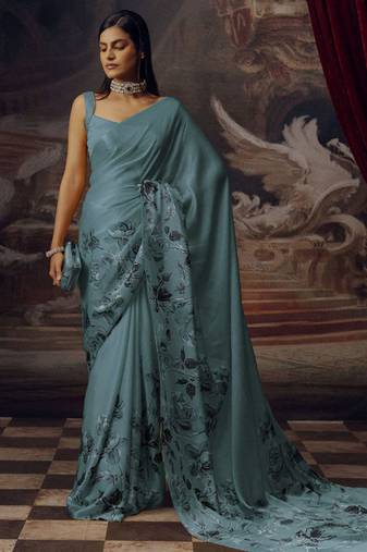 Aqua blue original japan devsena satin saree japan satin digital print blouse