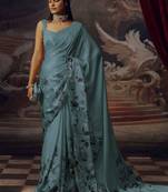 Aqua blue original japan devsena satin saree japan satin digital print blouse