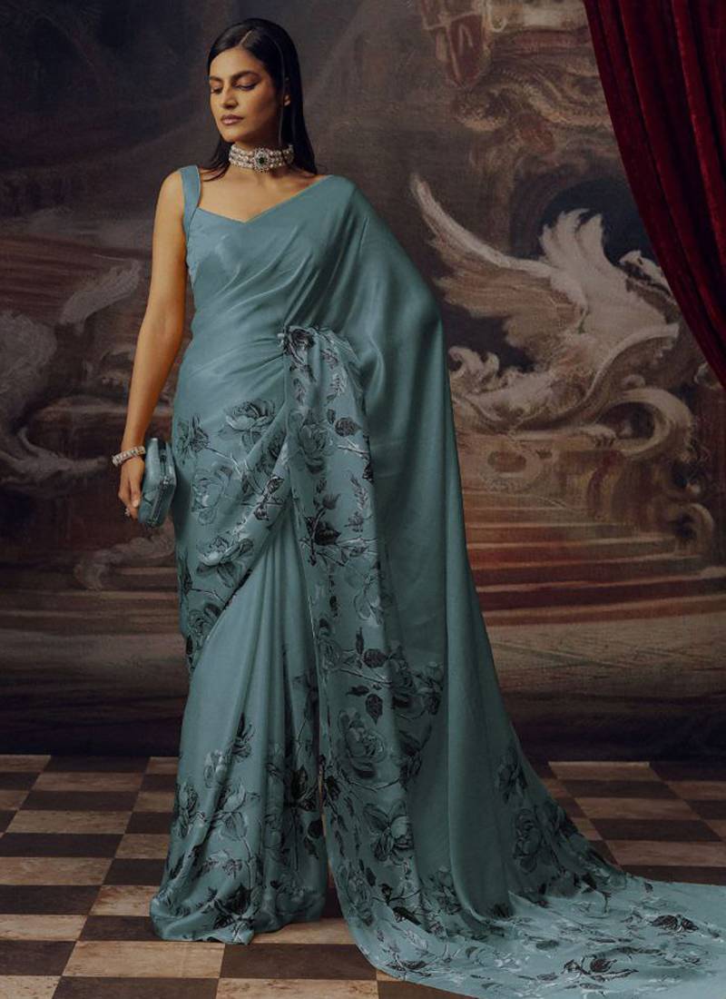 Aqua blue original japan devsena satin saree japan satin digital print blouse