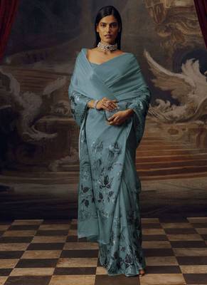 Aqua blue original japan satin saree with digital print blouse 2