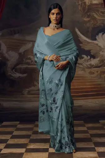 Aqua blue original japan satin saree with digital print blouse